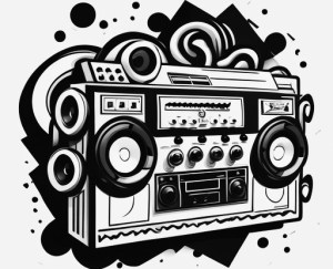 An artist’s drawing rendition of a black and white boombox in an urban environment, with a white background 