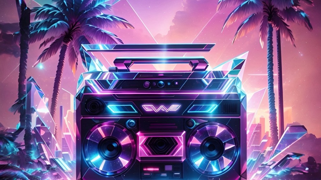 A crystalline retro boombox sits in a nighttime Synthwave themed environment, complete with palm trees in the foreground and mountains in the background, in pink, purple and blue colors