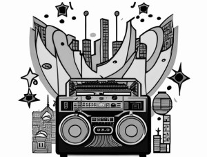 An artist’s drawing rendition of a black and white boombox in an urban environment, with a white background 