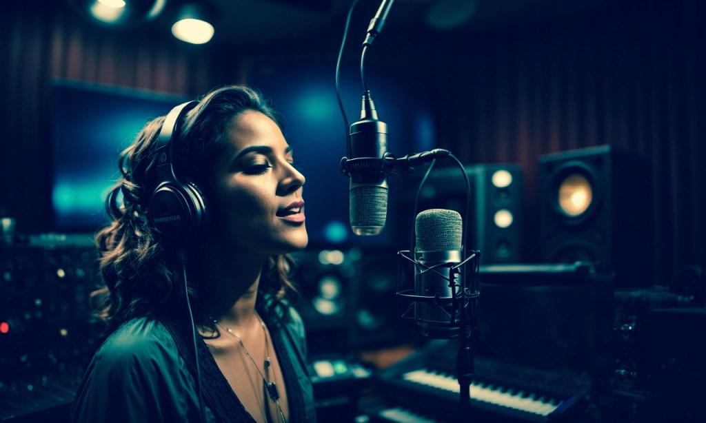 Woman with headphones on, singing into microphone in a professional recording studio, after writing powerful lyrics.