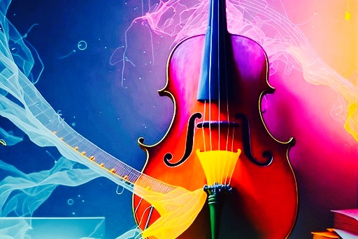 A cello leans against a wall as multiple colors and lights surround it, with swirly designs of music notes and sheets