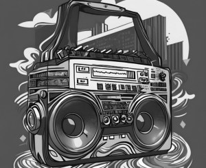An artist’s drawing rendition of a black and white boombox in an urban environment, with a dark background 