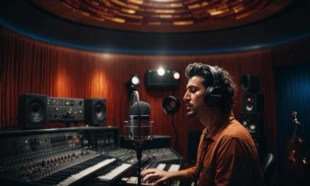 A man with headphones on, singing into the microphone in a professional recording studio, after writing powerful lyrics.